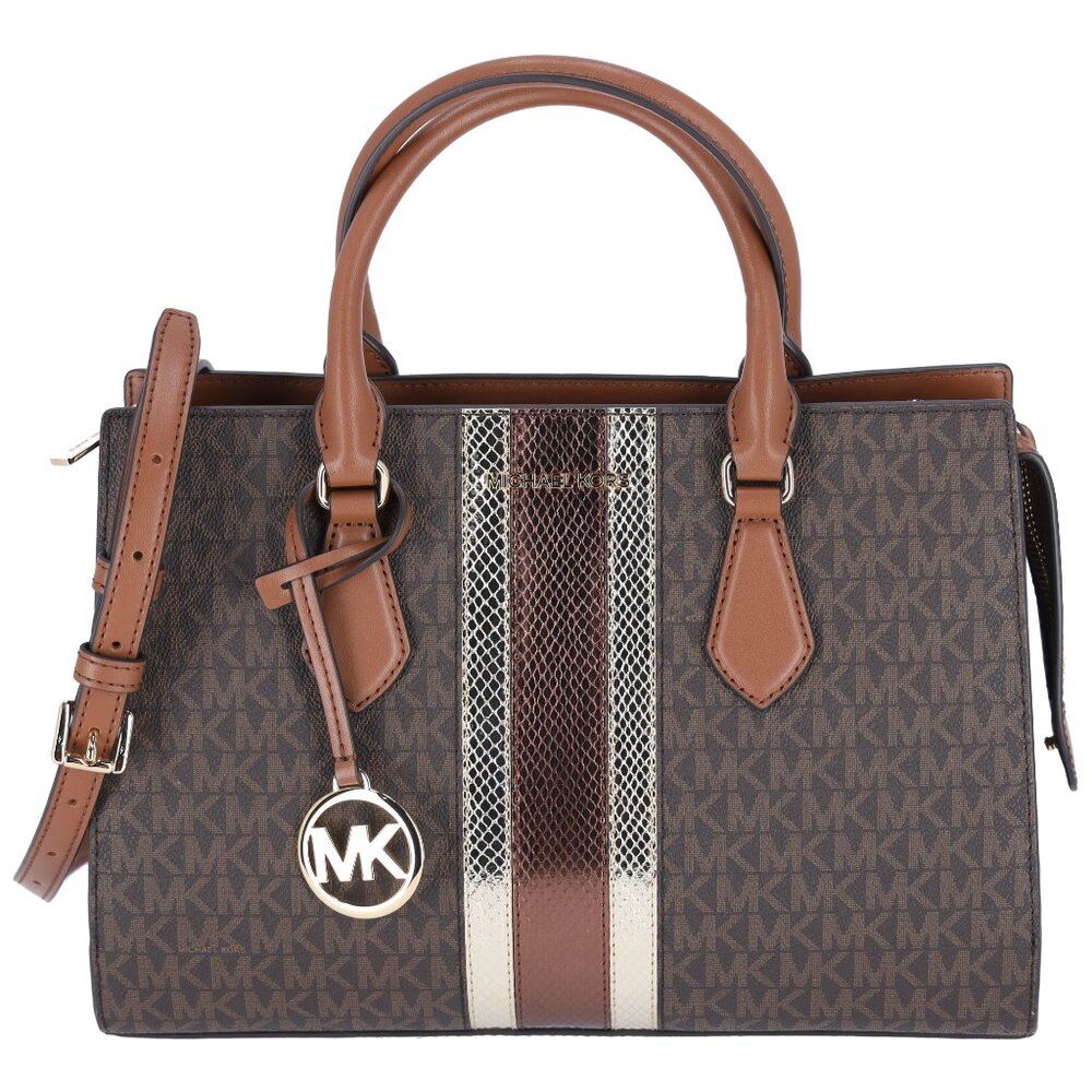 Michael Kors Sheila Medium Signature Logo and Metallic Satchel Brown Gold